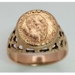 A 9K Yellow Gold Maximiliano Emperador 1865 Coin Ring. Size J/K, 3.5g total weight.