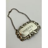 Vintage SILVER DECANTER LABEL for SHERRY. Having attractive shell and scroll leaf border. Full UK