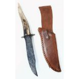 A Vintage or Older Antler Handled Sheath Knife in Leather Sheath. 31cm Length