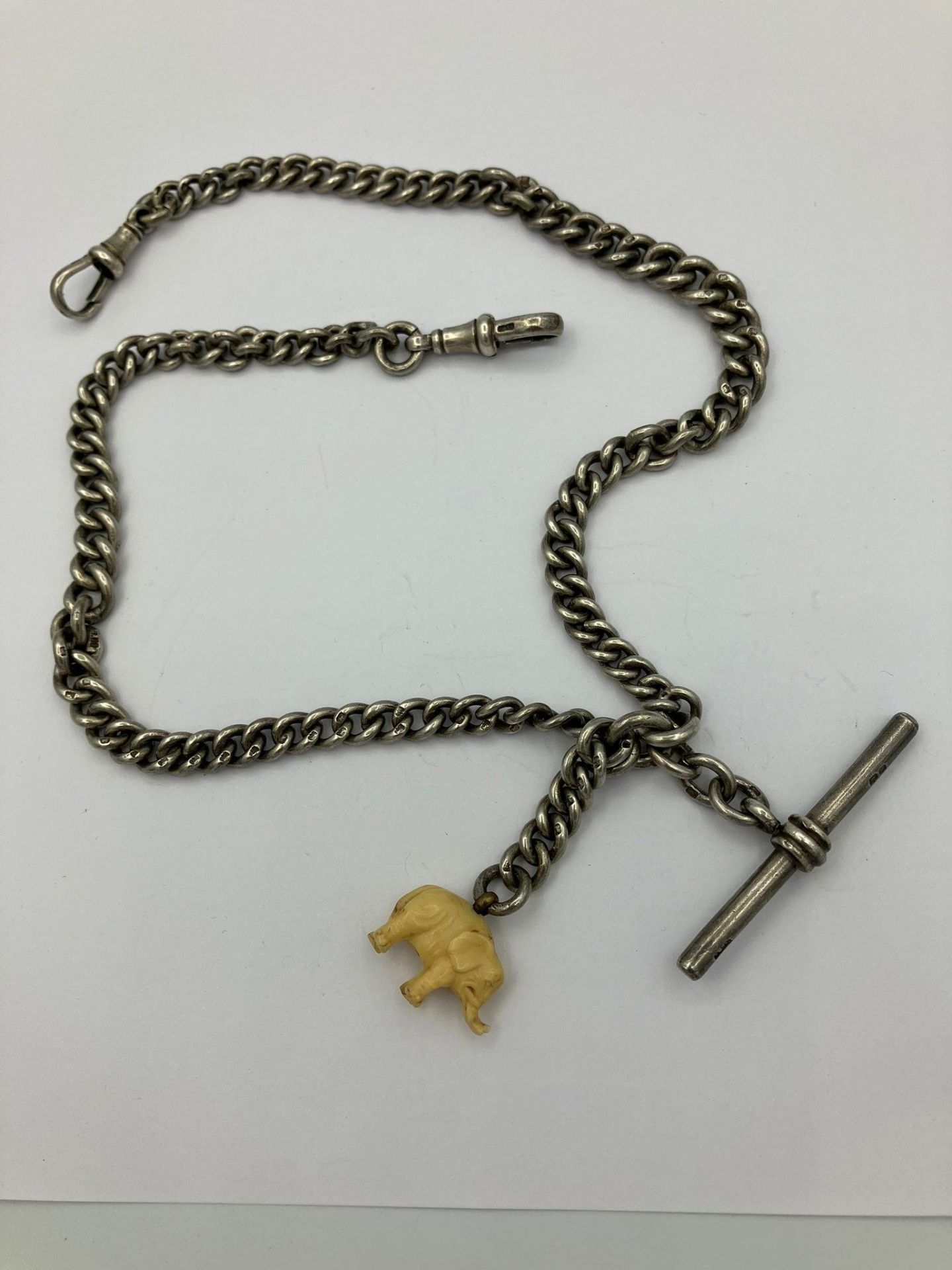 Antique SILVER WATCH CHAIN 1912 With full Hallmark on T Bar and every link individually stamped