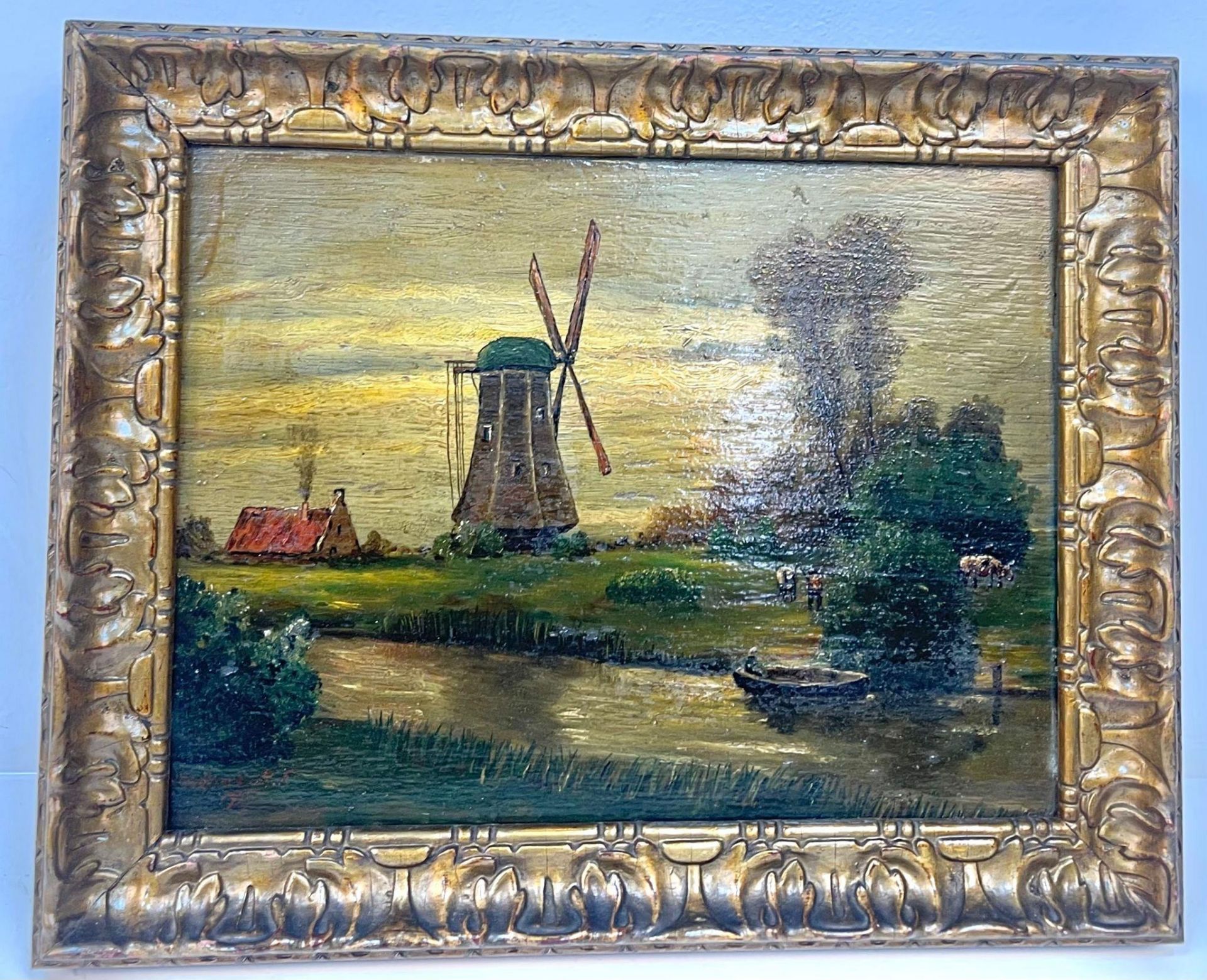 Two Antique Oil on Board Landscape Paintings of Dutch Windmills and Farmland. In gilded frames - - Image 4 of 6