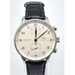 IWC PORTUGUESE CHRONOGRAPH AUTOMATIC WATCH, 40MM CASE, BLACK LEATHER STRAP AND CREAM FACE, GOLD TONE