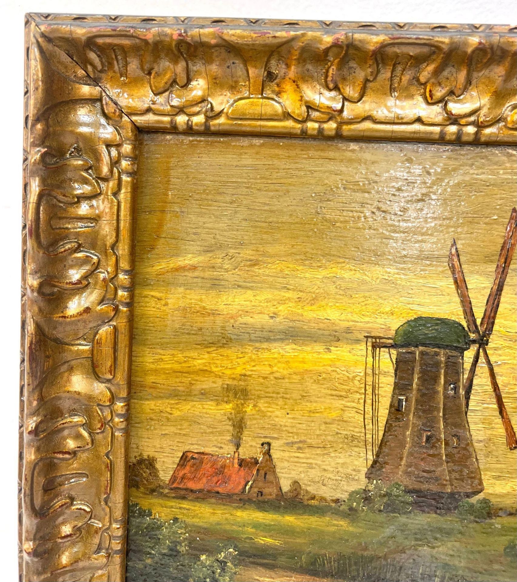 Two Antique Oil on Board Landscape Paintings of Dutch Windmills and Farmland. In gilded frames - - Image 5 of 6