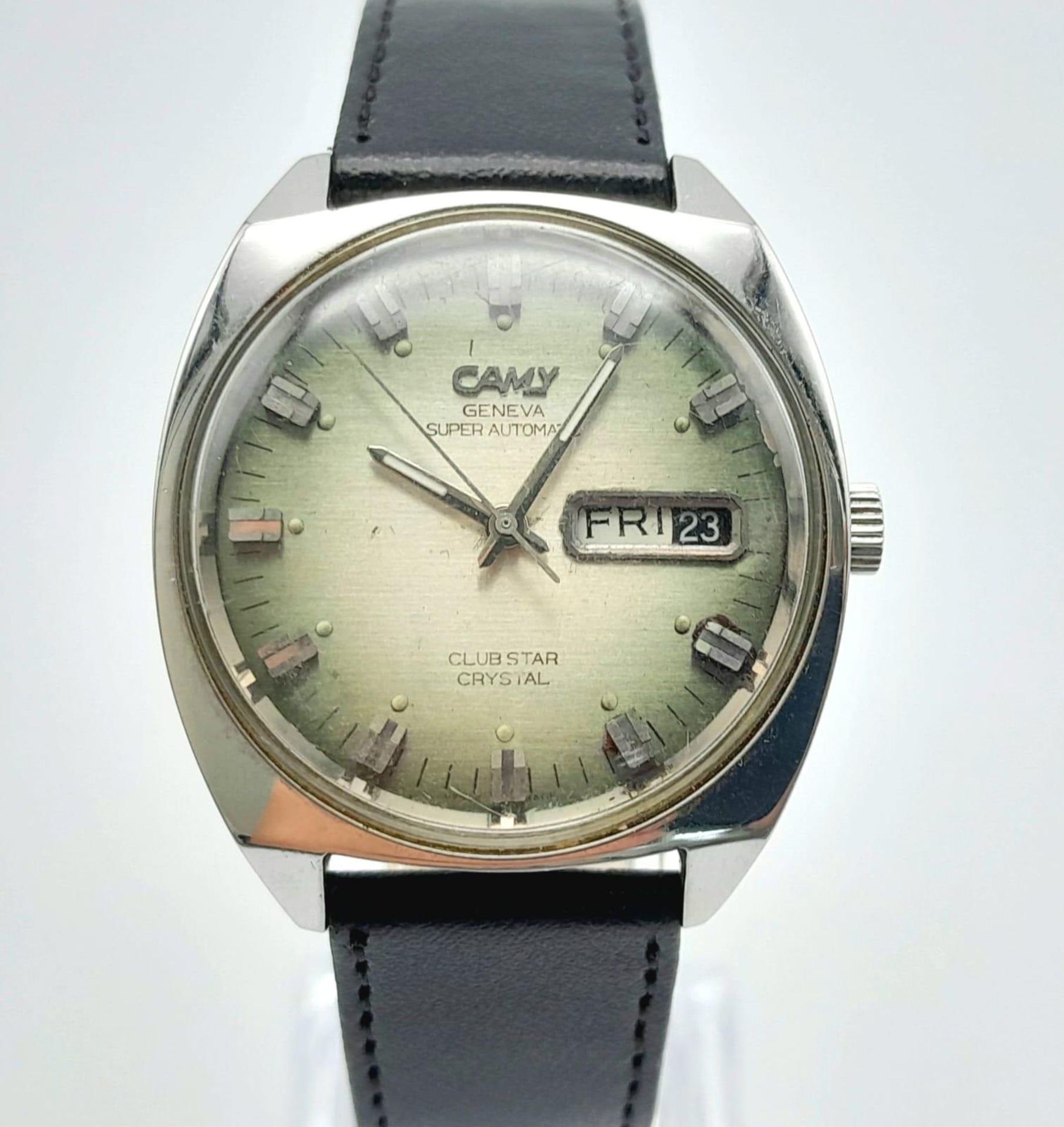 A Vintage Camy Super Automatic Club Star Gents Watch. Black leather strap and stainless steel case -