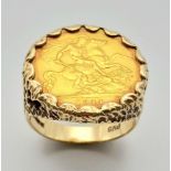 A 1911 22k Gold Half Sovereign Ring. The Ring is 9K Yellow Gold with bark-effect and pierced