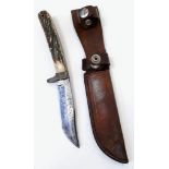 A Vintage Antler Handle Sheath Knife in Leather Sheath. 26cm Length.