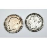 Two Queen Victoria Silver Shilling Coins - 1839 and 1884. Please see photos for conditions.