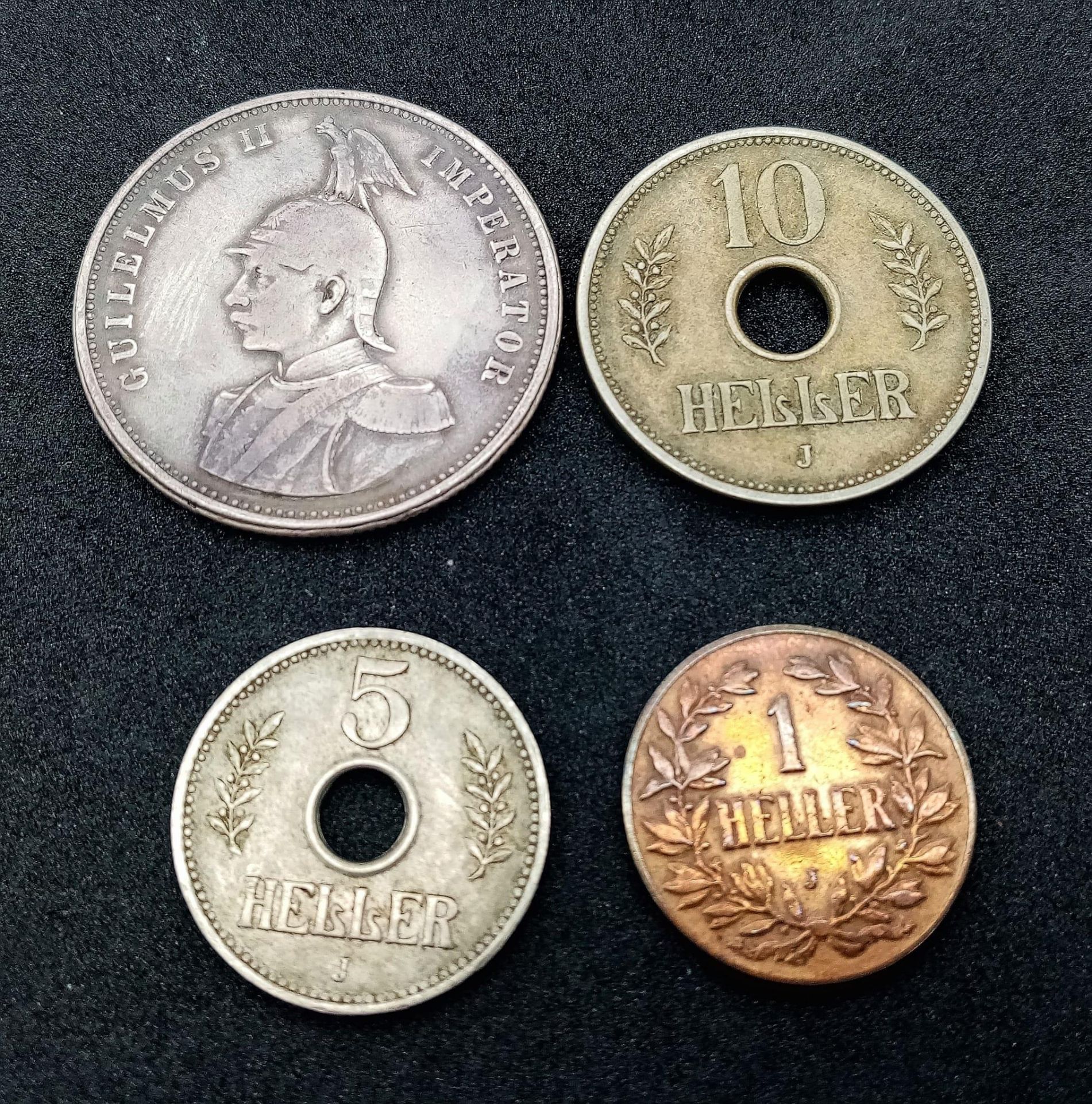 Four Antique East African German Coins - Silver One Rupie, 1910 10 heller, 1914 5 heller and a - Image 2 of 3
