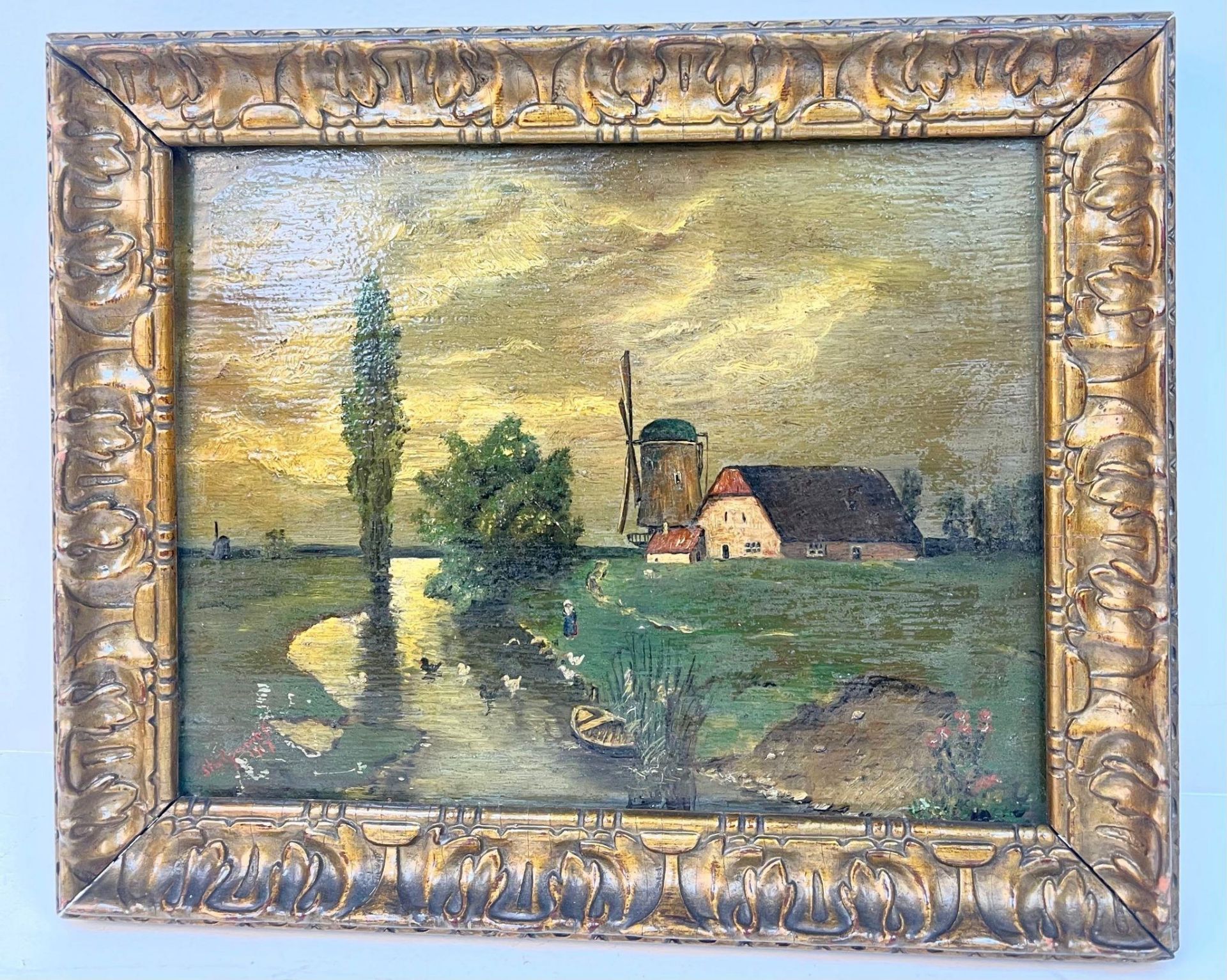 Two Antique Oil on Board Landscape Paintings of Dutch Windmills and Farmland. In gilded frames - - Image 2 of 6