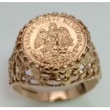 Hallmarked 21.6 Carat Gold Coin Ring Size N. Set with Mexican 900 Gold (21.6 Carat) 1945 Dos Pesos