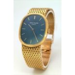 A PATEK PHILIPPE 18K GOLD GENTS GENEVE WRIST WATCH WITH SOLID 18K GOLD STRAP , STRIKING BLUE OVAL