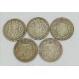 A Parcel of 5 Pre-1947 Consecutive Run Dates Silver Half Crown Coins from 1920-1925. All Very Good