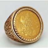 A Commemorative Charles II Gold Sovereign Ring. Set in decorative scrolled 9K gold. Size R/S. 16.