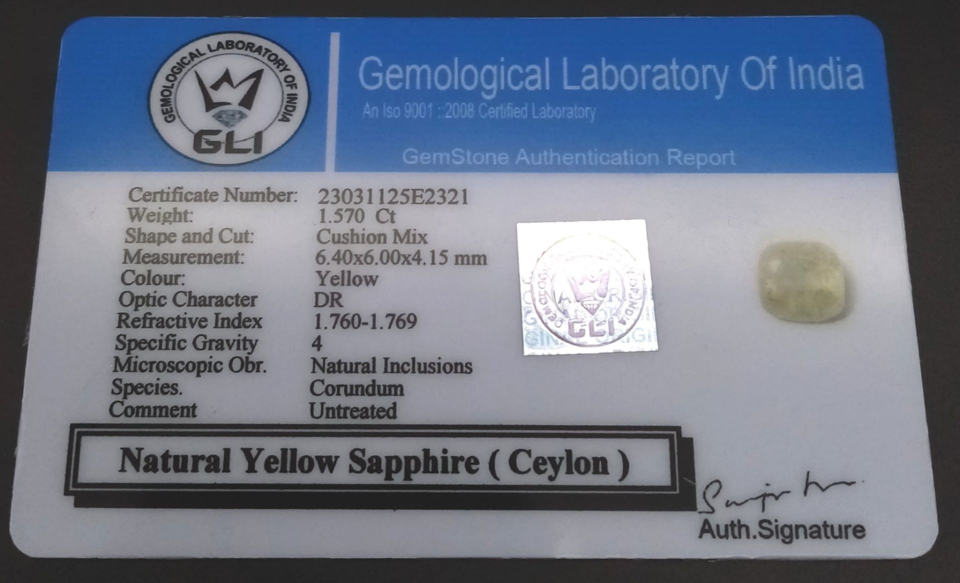A 1.57 Ct Faceted Untreated Ceylon Sri Lankan Yellow Sapphire. Cushion Shape. GLI Certified. - Image 4 of 4