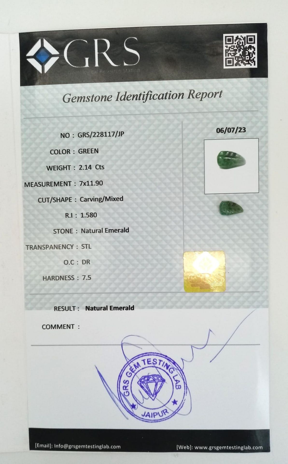 A 2.14ct Carved Emerald. Pear Shape. GRS Lab Certified. - Image 2 of 3