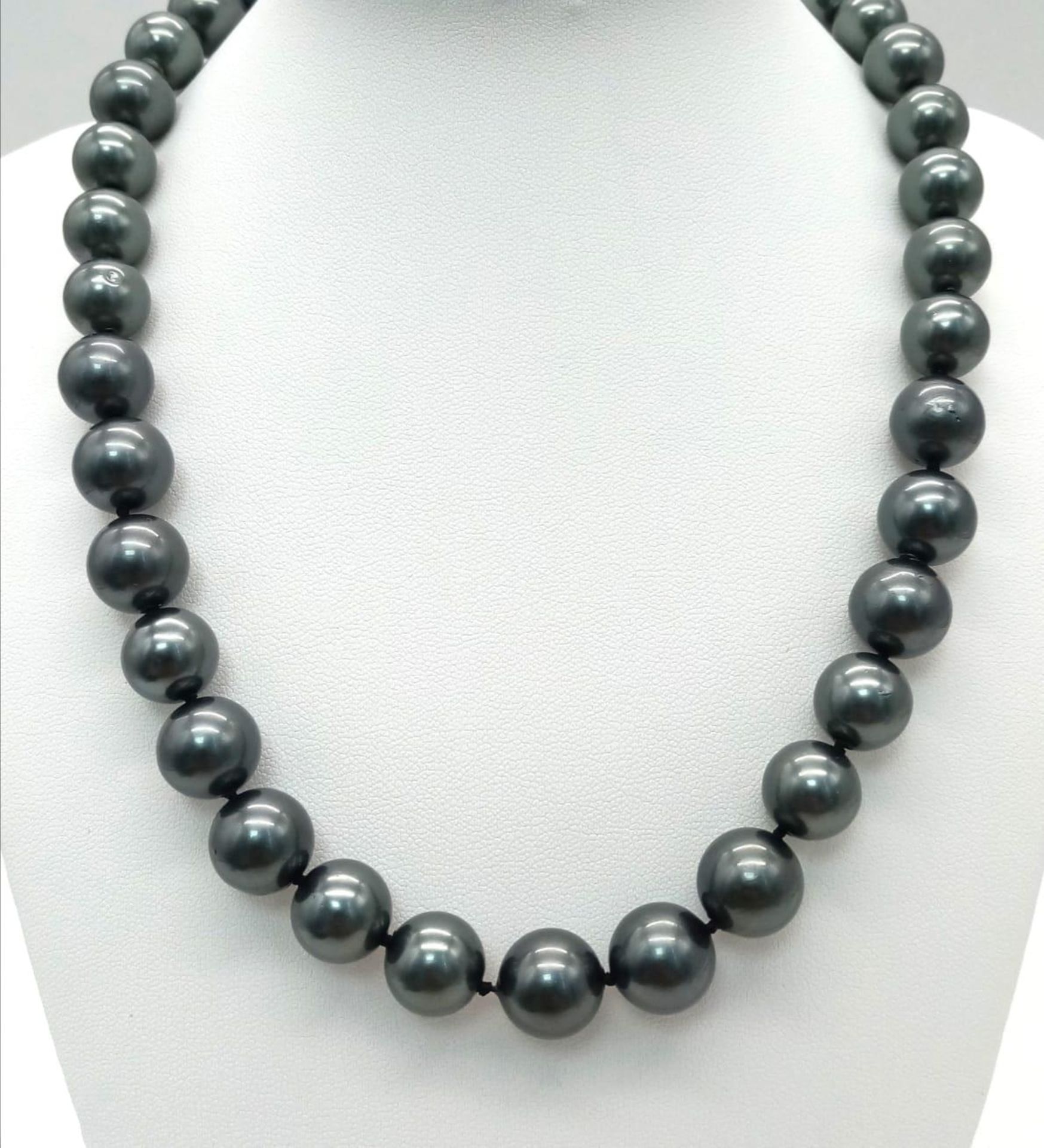 A Metallic Grey South Sea Pearl Shell Necklace. Beads - 12mm. Necklace length - 42cm. - Bild 3 aus 3