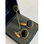 Pair of chain link 9 carat GOLD and BLACK ONYX CUFFLINKS together with matching 9 carat GOLD TIE