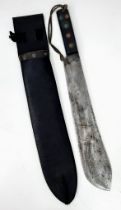 A WW2 Era Joseph Beal and Sons Machete with Leather Sheaf. Markings on blade. 37cm blade length.