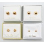 A Different Sized Four Pairs Set of 9K Yellow Gold Ball Stud Earrings. 1g total weight. As new, in