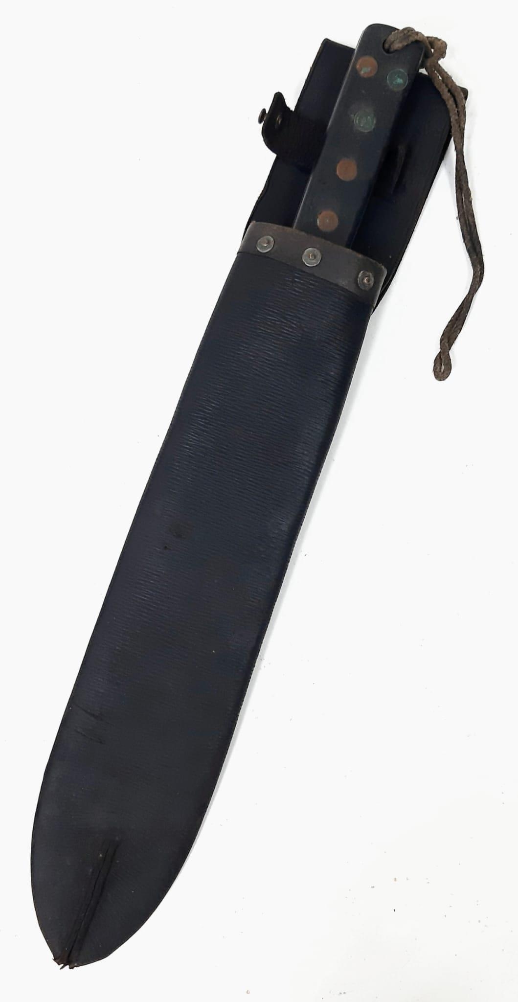 A WW2 Era Joseph Beal and Sons Machete with Leather Sheaf. Markings on blade. 37cm blade length. - Image 5 of 6