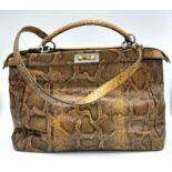 A Large Fendi Brown Python Peekaboo Handle Bag. Come with an internal zipped pocket and double
