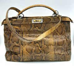 A Large Fendi Brown Python Peekaboo Handle Bag. Come with an internal zipped pocket and double