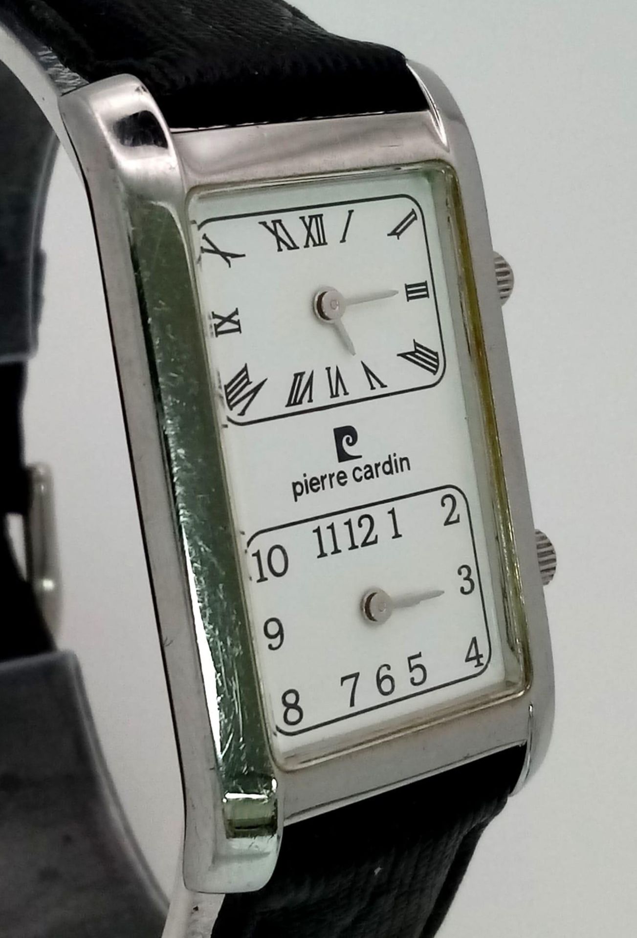 A Vintage Pierre Cardin Dual Time Quartz Watch. Black leather strap. Elongated case. In working - Image 3 of 6