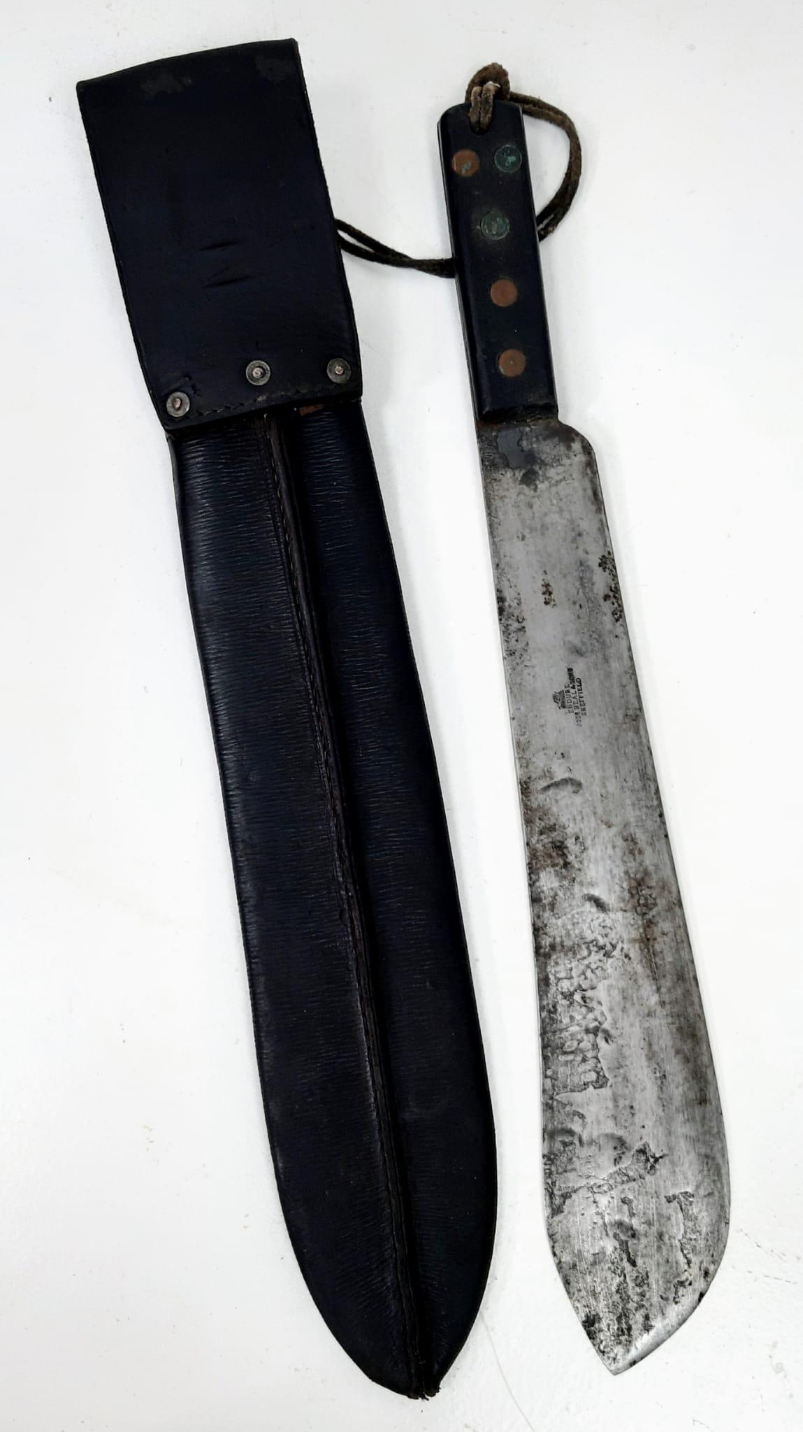 A WW2 Era Joseph Beal and Sons Machete with Leather Sheaf. Markings on blade. 37cm blade length. - Image 2 of 6