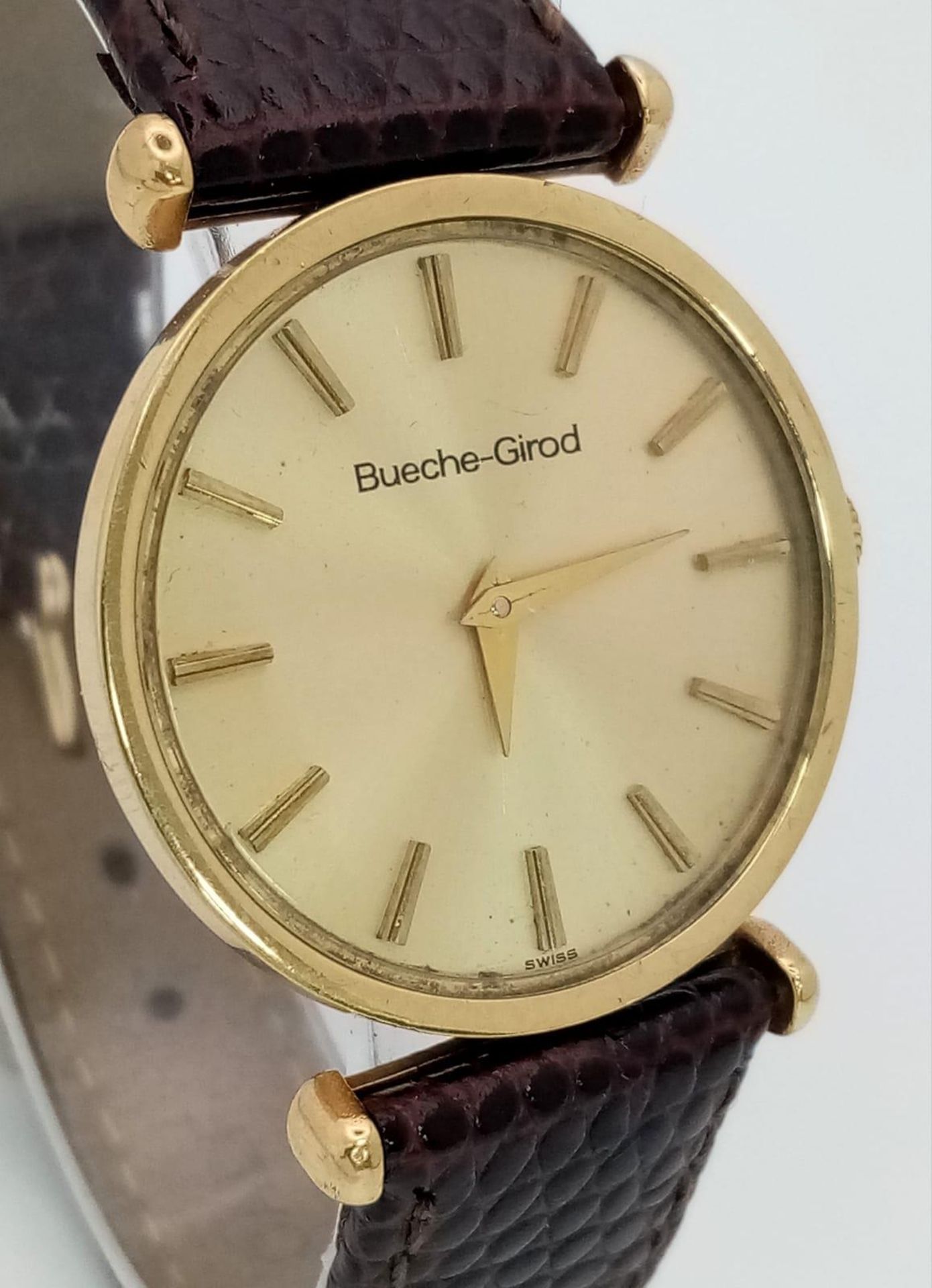 A Vintage 1970’s Rare Bueche-Girod 9 Carat Gold Men’s Manual Wind Watch. 32mm Wide Including - Image 3 of 7
