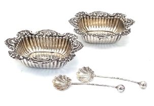 A Pair of Two Rare Antique 1899/1900 Hallmarked Silver Salts with Corresponding Spoons by Joseph