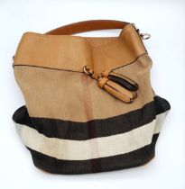 A BURBERRY ASHBY BROWN HOBO BAG. FROM THE ASHBY BROWN COLLECTION, CANVAS WITH LEATHER TRIM, METAL