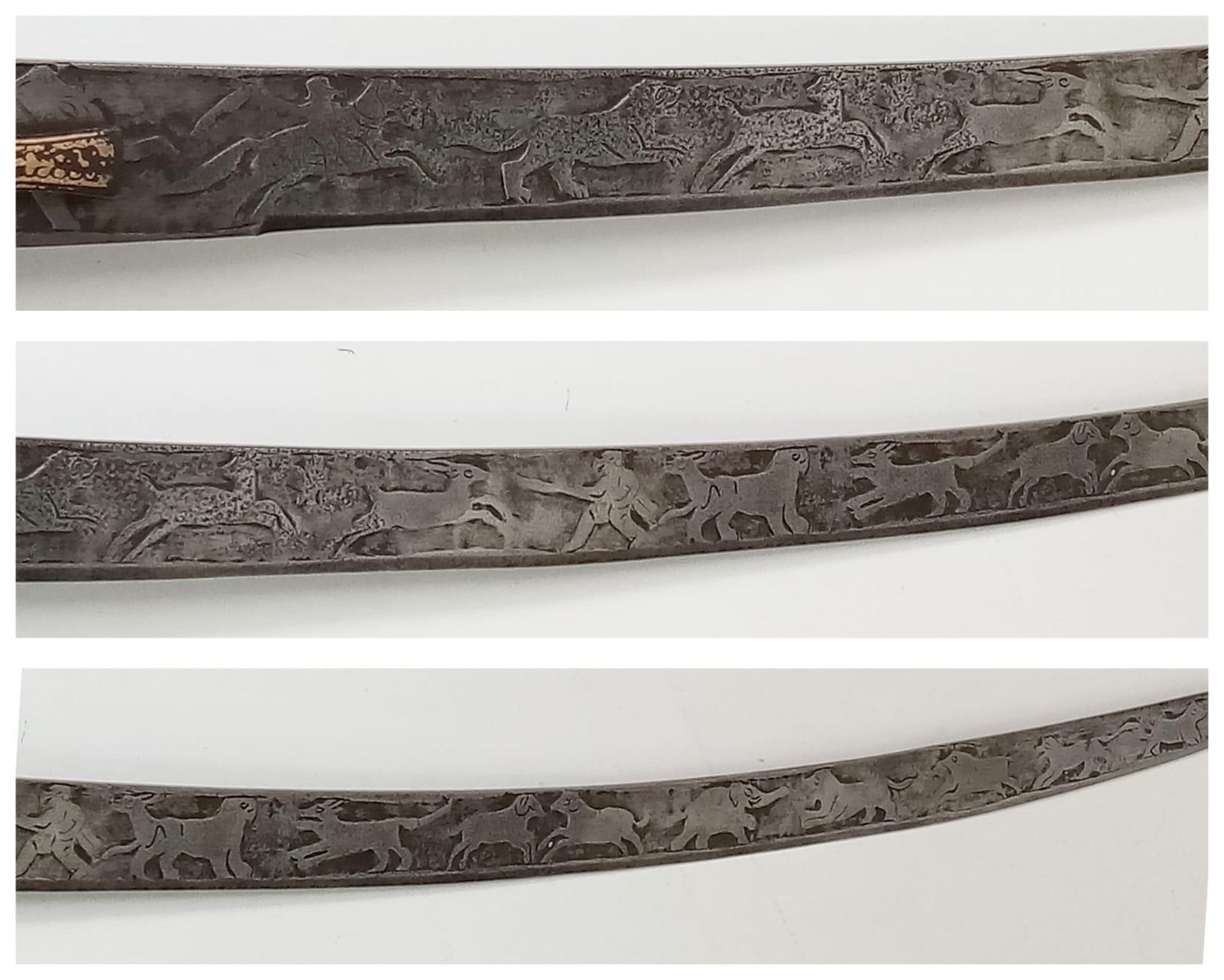 An Indian Talwar Sword with Koftgari Style Handle and Detailed Etching of a Hunting Scene on the - Image 4 of 5