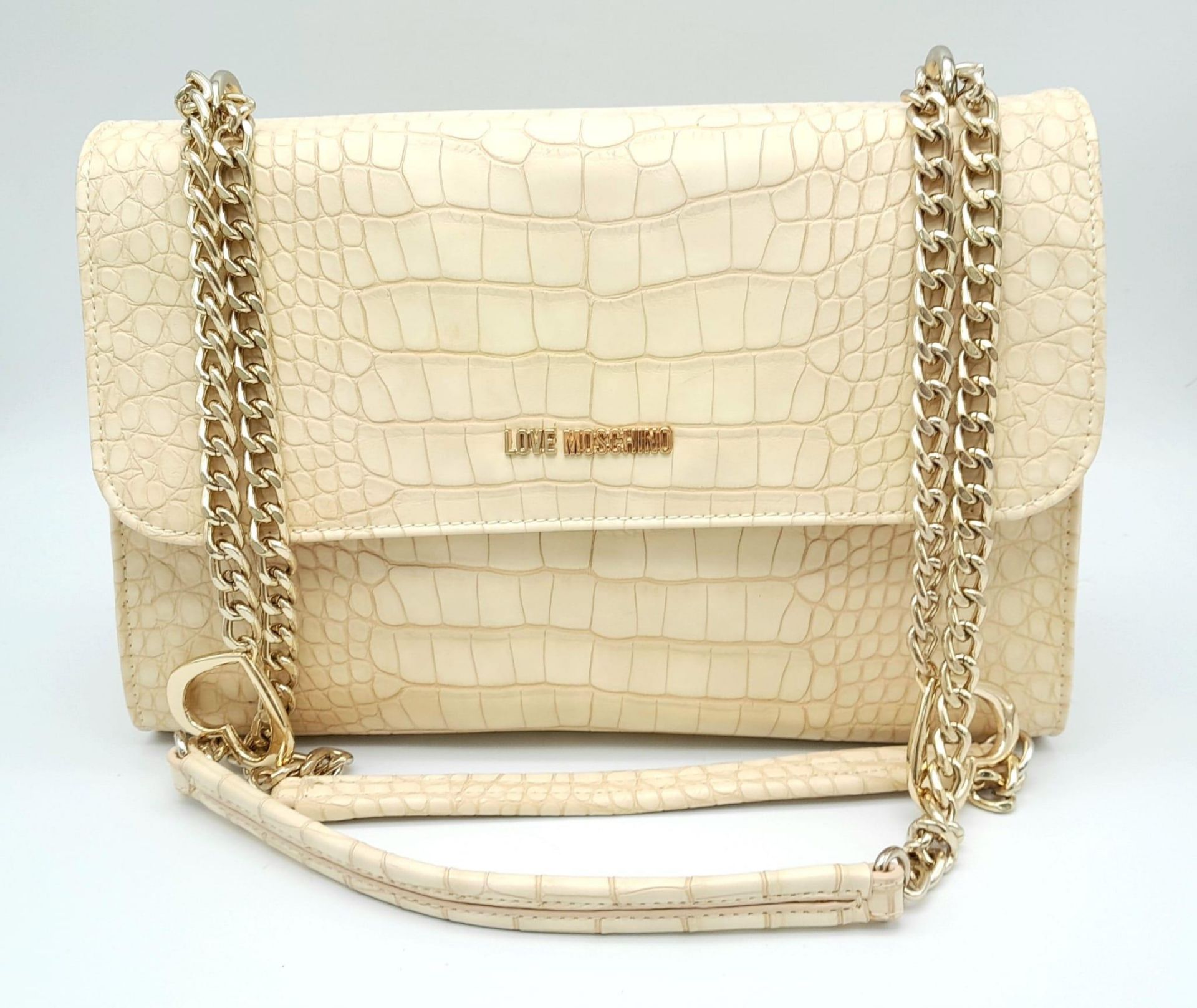 A Light Beige Croco Print Faux MOSCHINO Leather Bag. Come with 2 leather and golden-tone chain