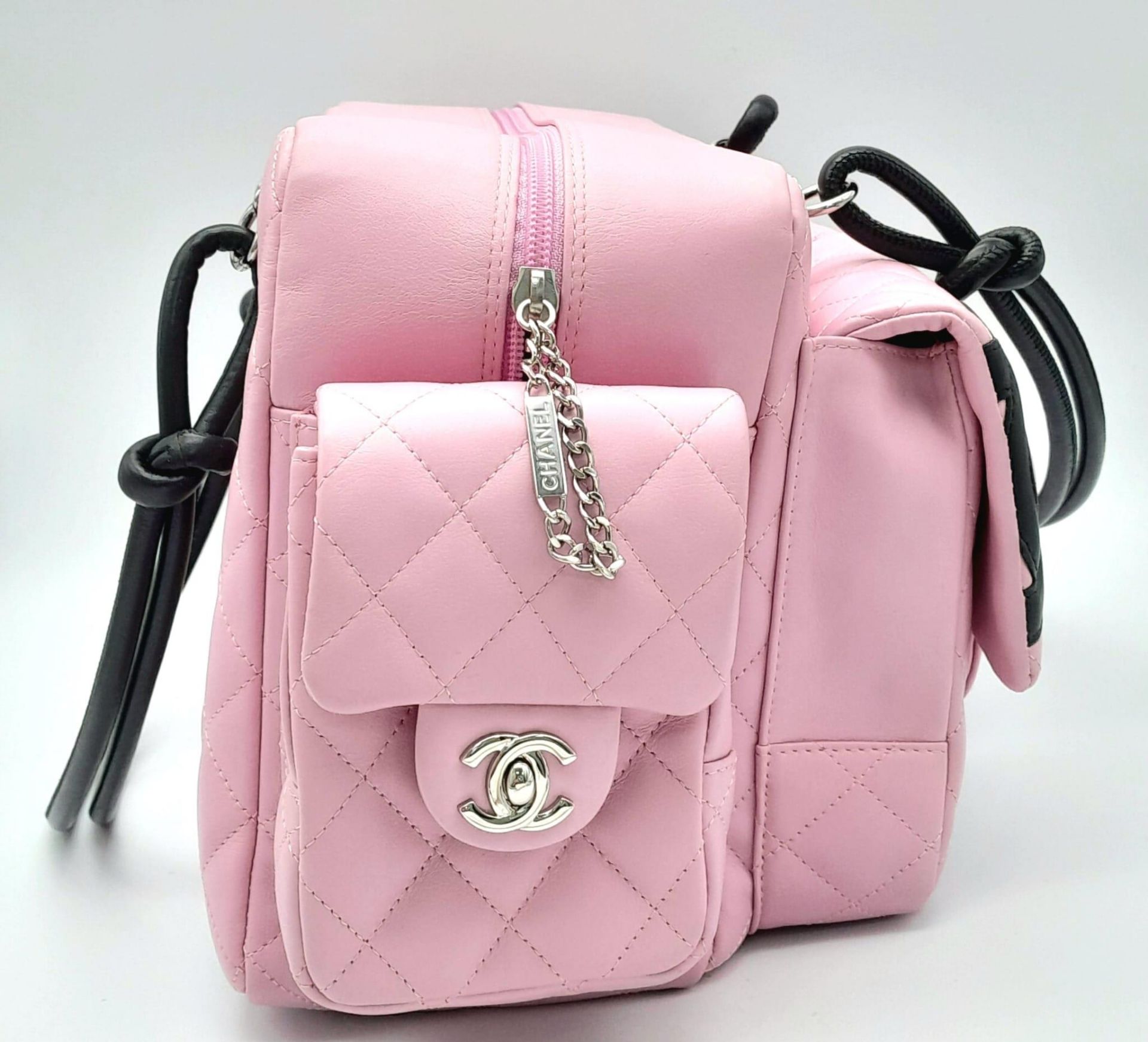 A Chanel Cambon Reporter Barbie Pink Leather Handbag. Quilted pink leather exterior with silver-tone - Image 7 of 14