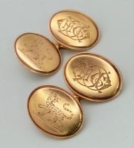 A Vintage Possibly Antique Pair of 15K Gold (tested) Engraved Oval Cufflinks. 9.51g total weight.