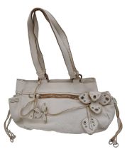 A Miu Miu White Leather Handbag. Ruffled white leather exterior with zipped pocket. Silver-tone