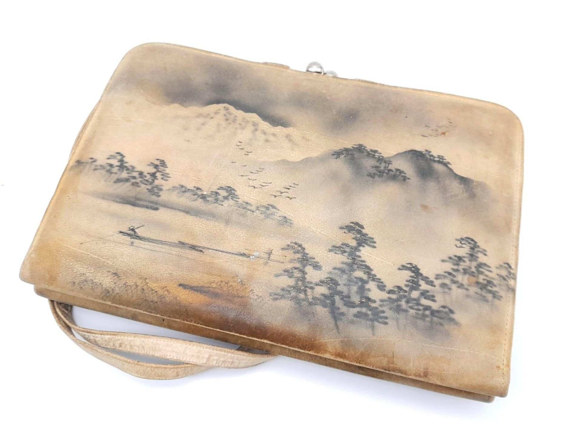 An Antique Hand-Painted Japanese Landscape Bag. Soft fabric with ornate silver floral decoration. - Image 2 of 5