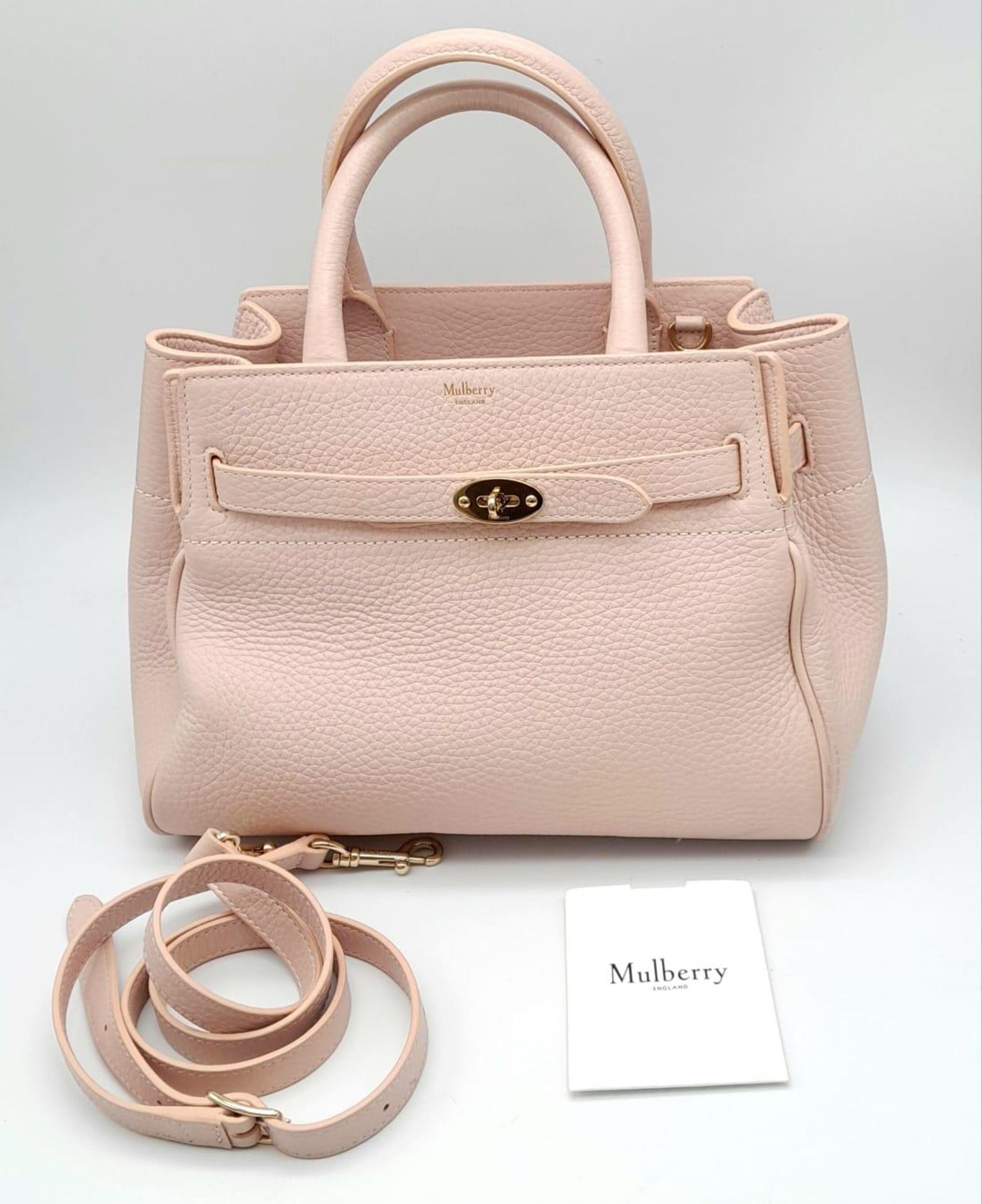 A Mulberry Small Belted Bayswater Handbag in Icy Pink Heavy Grain with Pastel Tartan Fabric