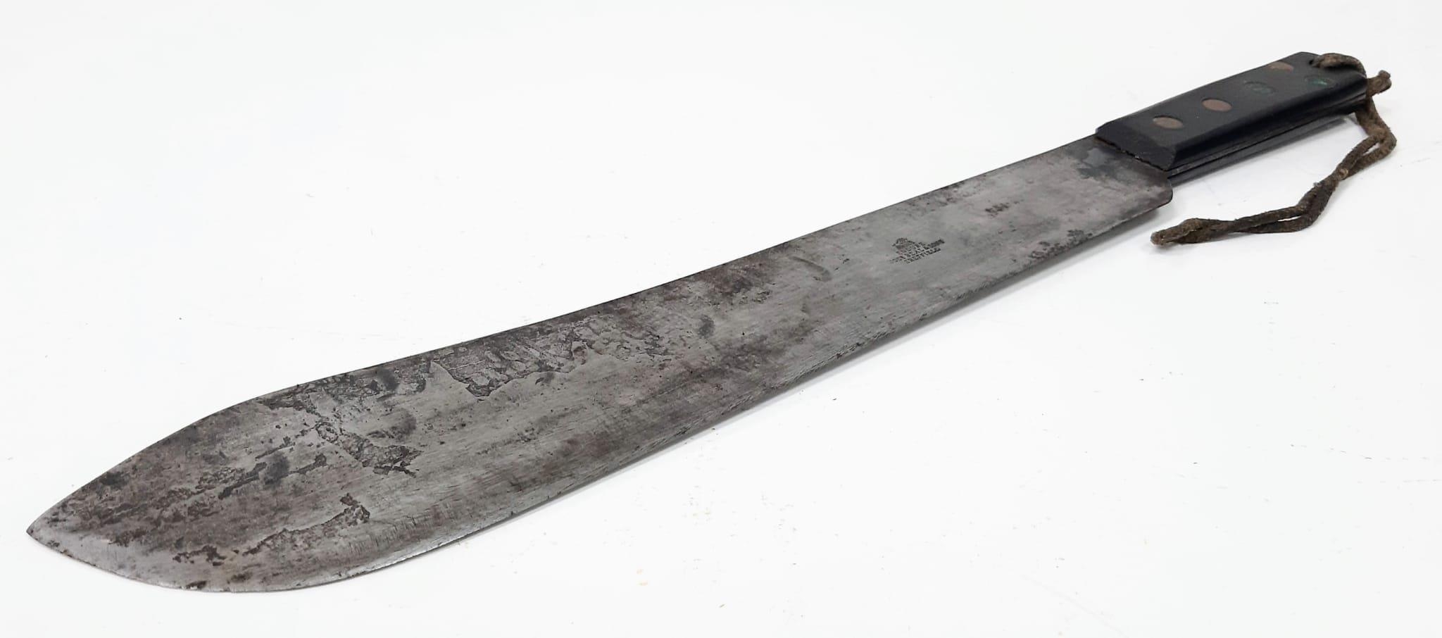 A WW2 Era Joseph Beal and Sons Machete with Leather Sheaf. Markings on blade. 37cm blade length. - Image 3 of 6