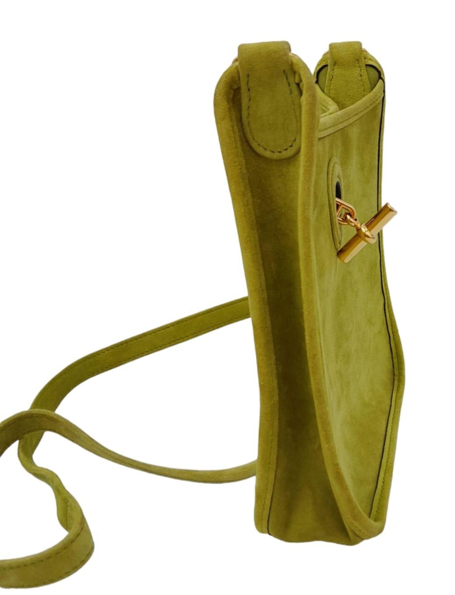 A Vintage Hermes Green Suede Shoulder Bag. Olive green suede exterior with gold-tone furniture. - Image 4 of 8