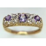 A VINTAGE 9K YELLOW GOLD DIAMOND & AMETHYST RING, WEIGHT 1.7G SIZE O