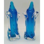 An artisans creation, a beautiful pair of cobalt blue, mouth blown, studio glass vases. Height: 22