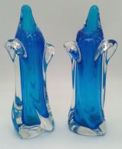 An artisans creation, a beautiful pair of cobalt blue, mouth blown, studio glass vases. Height: 22