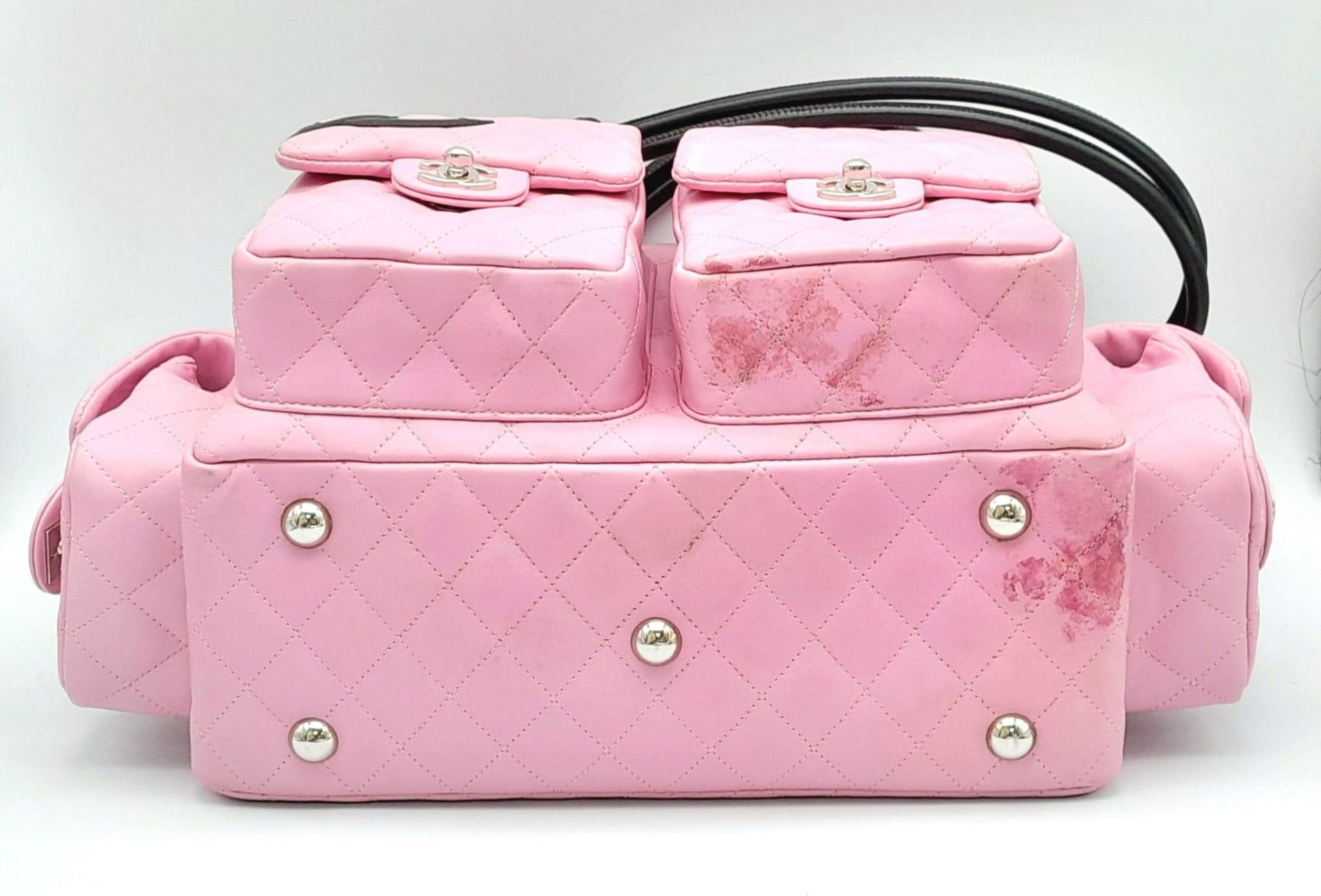 A Chanel Cambon Reporter Barbie Pink Leather Handbag. Quilted pink leather exterior with silver-tone - Image 9 of 14