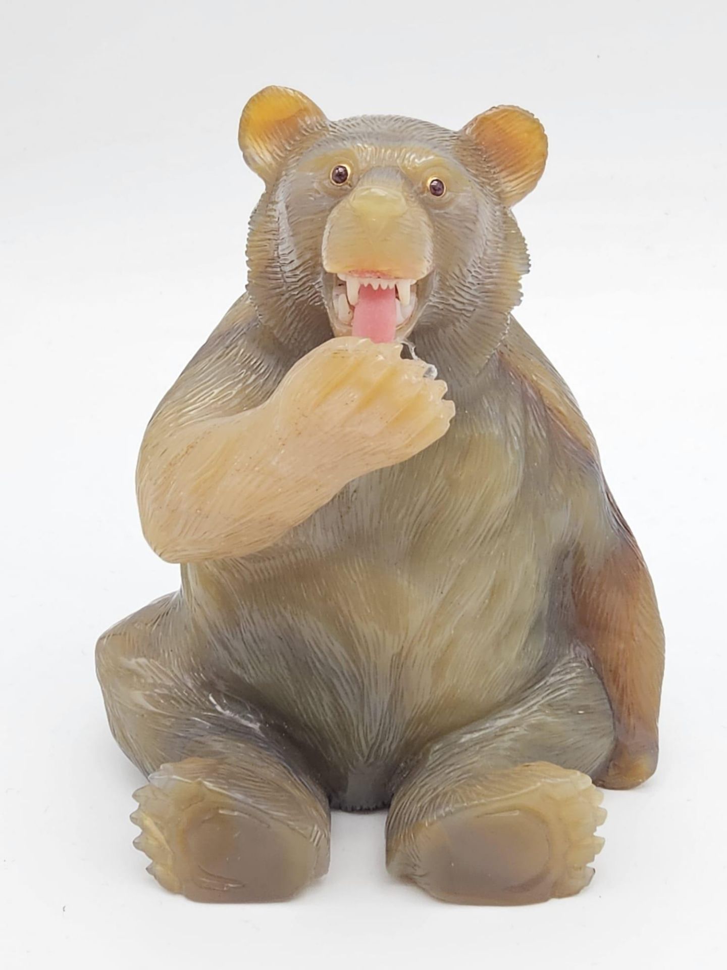 A Rare Russian, Hardstone Agate, Gold ,Jade and Ruby eyed Bear. Hardstone carving of a seated bear