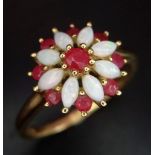 A LOVELY VINTAGE 9K YELLOW GOLD RUBY & OPAL RING SET IN FLORAL DESIGN, WEIGHT 2.7G SIZE R