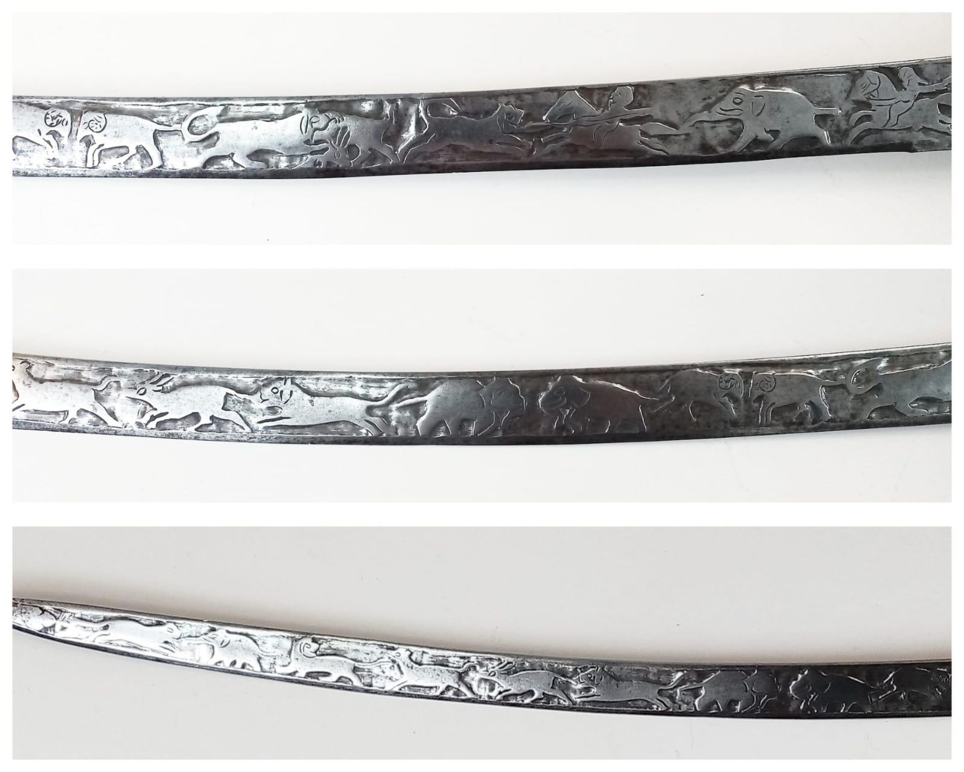 An Indian Talwar Sword with Koftgari Style Handle and Detailed Etching of a Hunting Scene on the - Image 3 of 5