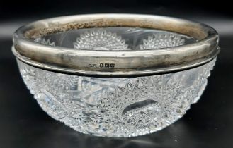 A BEAUTIFUL CRYSTAL CUT GLASS BOWL WITH SILVER RIM . 20cms DIAMETER 2.3KG