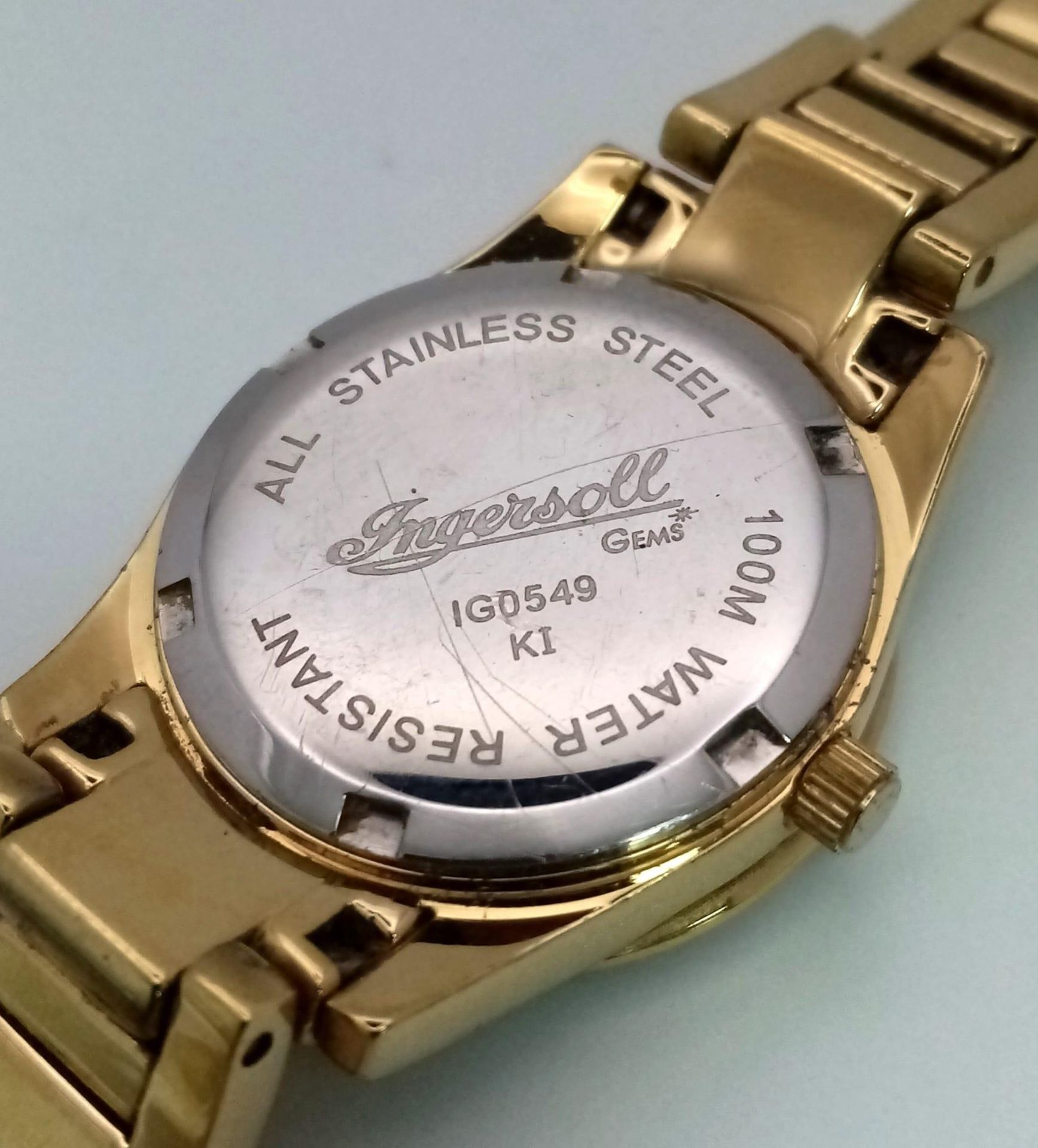 An Ingersoll Gold Plated Ladies Quartz Watch. Gold plated bracelet and case - 28mm. Gold tone dial - Image 5 of 5