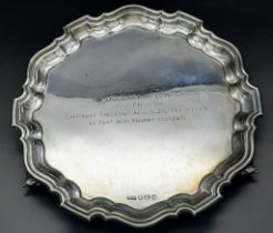 A Vintage 925 Sterling Silver Inscribed Salver on Three Scrolled Pedestal Feet. Hallmarks for